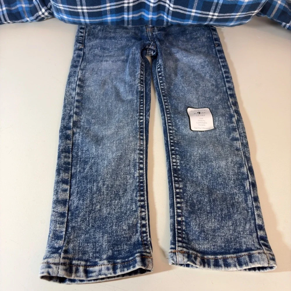 7 For All Mankind TODDLER 4T Blue Plaid Quilted Shacket Acid Wash Jeans‎ 2pc Set